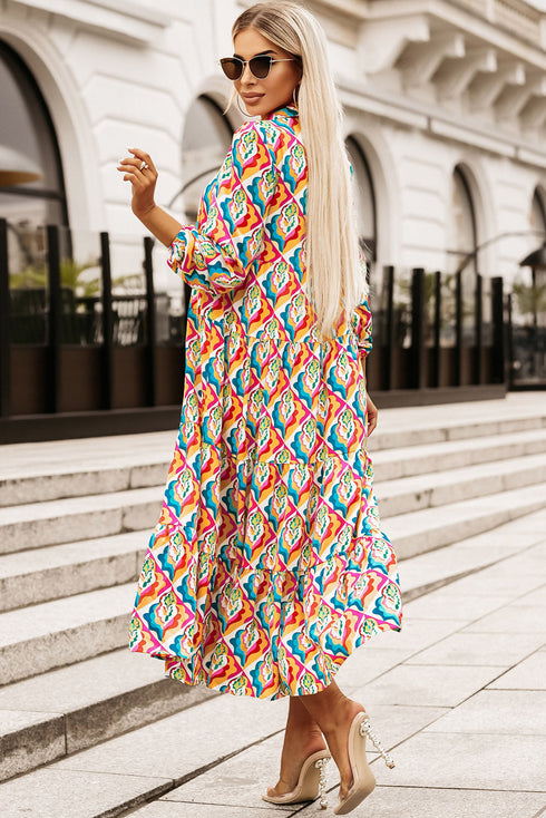 Multi-Color Abstract Geometric Print Long Sleeve High Waist Dress
